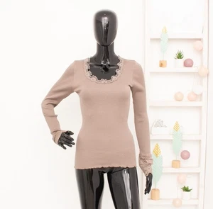 Rosemunde Blouse Brown Ribbed Lace Long Sleeve Shirt Silk Cotton Stretch Top XL - Picture 1 of 11