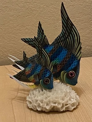 1 pez escalar arco iris madre e hijo montado en coral sintético FD10 Foto 1 de 4