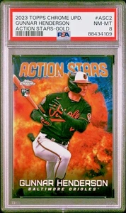 2023 Topps Chrome Upd Rookie /50 rifrattore oro #ASC2 Gunnar Henderson RC SP PSA - Foto 1 di 10