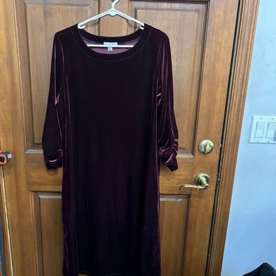 Susan Graver Stretch Velvet Swing Dress Burgundy Large 3/4 Sleeve Holiday Party - Image 1 of 4
