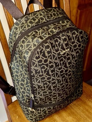 CALVIN KLEIN CK SIGNATURE LOGO Large BACKPACK Dark Brown With Tan CK Logos - Image 1 of 4