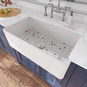 33" L x 18" W Fireclay Farmhouse Kitchen Sink with Sink Grid & Basket Strainer - Picture 1 of 16