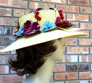 Antique Union Made Yellow Wide Brim Ladies Hat Black Veil Red Blue Floral Berry