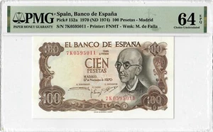Spain 100 pesetas 1970 (ND 1974), PMG 64 EPQ, "Banco de España" Pick# 152a - Picture 1 of 2