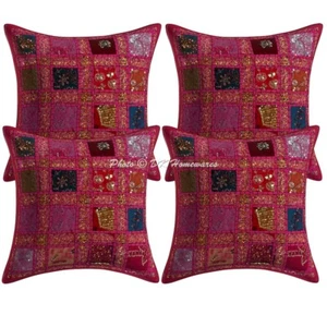 Throw Pillow Covers Cotton Patchwork Embroidered Sequins Geometric Pillowcase - Picture 1 of 6