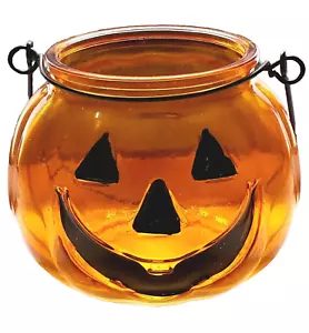 Halloween Jack O Lantern Pumpkin Glass Tea Light Candle Holder Decoration - Picture 1 of 4