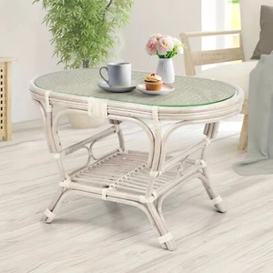 Rattan Wicker Oval Coffee Table w/Glass Top White Wash - Picture 1 of 8