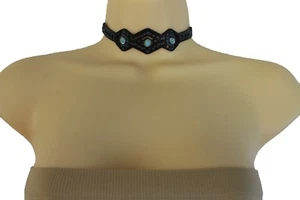 Divertido collar gargantilla de cuero sintético negro bohemio étnico vintage cuentas azules para mujer - Imagen 1 de 10