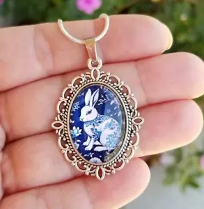 .925 Silver Bunny Necklace, Blue & White Floral Bunny Necklace, Easter Necklace - Picture 1 of 7