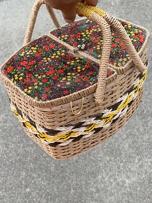 Vintage Floral Meadow Material Top BIG Sewing Picnic Basket Pin Cushion ❤️sj3j - Image 1 of 4