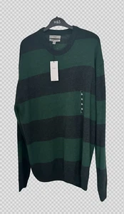 M&S COLLECTION GREEN MIX STRIPED PURE EXTRA FINE LAMBSWOOL CREW NECK JUMPER - Picture 1 of 4