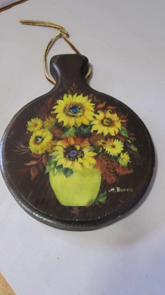 手绘木质向日葵花束悬挂 20 世纪 70 年代皮革环波西米亚 6 1/2 x 9 — 第 1/4 张图片