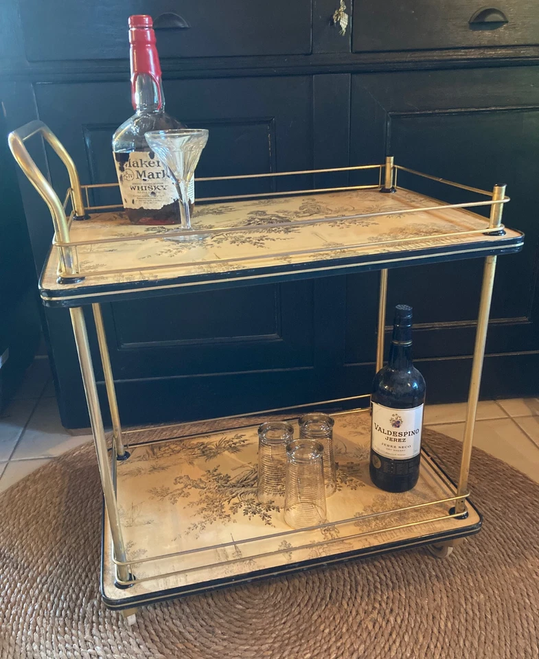 Servante dorée 70's double plateau en toile de Jouy jaune pièce rare et élégante - Photo 1/4