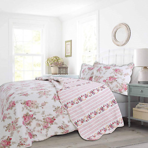Romantic Pink Peony Floral 100% Cotton Reversible Quilt Bedding Set, Coverlet, B