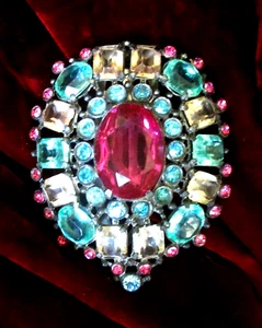 LARGE ANTIQUE C.1920'S OPEN-BACK GLASS - RHINESTONE  CLIP BROOCH - UNITED STATES - Picture 1 of 4
