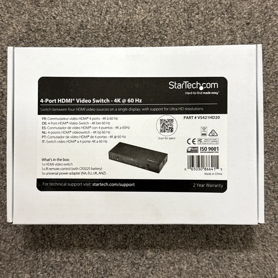 NEW StarTech VS421HD20 4-Port HDMI Switch - 4K 60Hz - Supports HDCP - IR - HDMI - Image 1 of 1