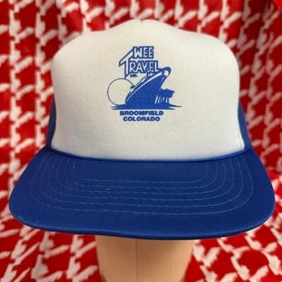Sombrero de camionero Wee Travel Broomfield Colorado años 80 azul blanco malla Snapback Bote Foto 1 de 4