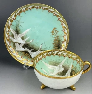 Antique Old Noritake Flying Swan Jeweled Footed Tea Cup & Saucer 1891–1915 - Picture 1 of 19