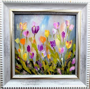 Quadro Tulipano Fiori Fiori Fiori 4x4in Originale Olio Floreale Impasto Arte Firmato - Foto 1 di 11