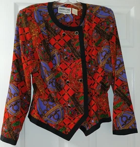 Vintage Andrea Gayle Rock & Bluse Set leuchtendes Rot & Mehrfarbig Größe 16 - Bild 1 von 7
