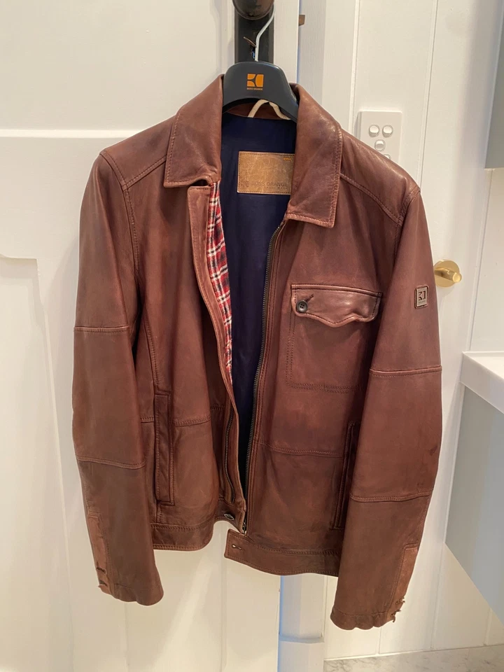 Mens vintage brown leather Hugo Boss bomber jacket XL (52) - Image 1 of 4