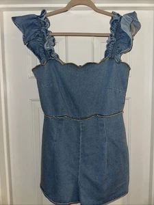 NEW DAY + MOON blau Denim Strampler Damen Größe Medium Rüschenärmel Reißverschluss hinten - Bild 1 von 17