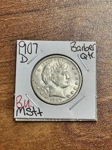 Impresionante moneda de cuarto de plata de barbero 1907 D gema BU sin circular MS++ (Raw16880) - Imagen 1 de 2