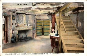 Postcard Hall & Fireplace Stairway Oldest House In USA St Augustine Florida - Picture 1 of 2