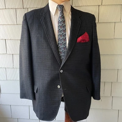 60s Vintage Bespoke Blue Black Plaid Weave Fully Lined Mens Jacket Size 42S - Image 1 of 4
