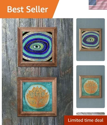 Durable 28x28cm Nazar Göz & Lotus Wall Art with Solid Wood Frames - Set of 2 - Image 1 of 4