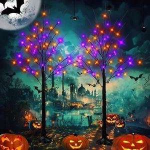 2 Pack 4FT Halloween Lighted up Birch Tree, Total 96 LED Purple and Orange Fairy - Picture 1 of 8