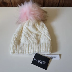 Kyi Kyi Wool Blend Ivory Knit Pink Pom Beanie Hat Made In CANADA One Size NWT - Picture 1 of 7