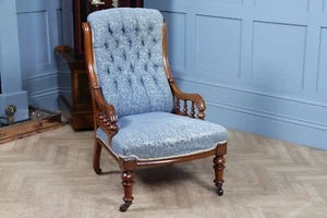 Antique Victorian Upholstered Buttoned Back Mahogany Lounge Fireside Arm Chair - Picture 1 of 20