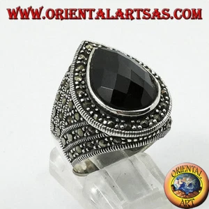 Anillo de Plata 925‰ Con Ónix A Gota Facetada Rodeado De Marcasita - Imagen 1 de 3