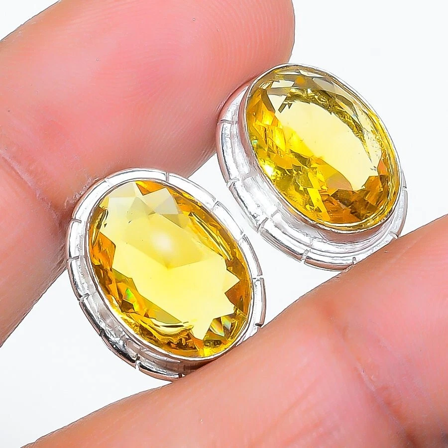 Yellow Citrine Gemstone 925 Sterling Silver Jewelry Stud Earring Size 0.75" - Image 1 of 1