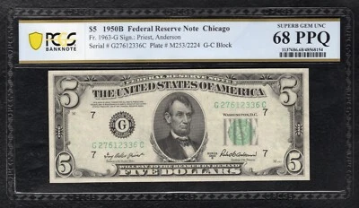 FR 1963-G 1950-B $5 FRN CHICAGO, IL PCGS BANKNOTE SUPERB GEM UNCIRCULATED-68PPQ - Image 1 of 2