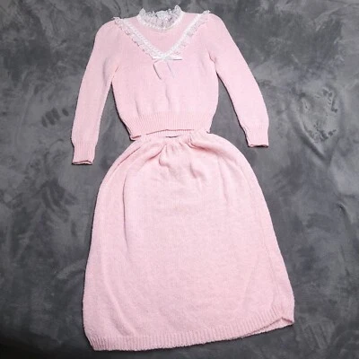 Vtg Lisa Dee Pink Knit Cardigan Dress Set Ruffle Button Cottage Core Prairie USA - Image 1 of 4