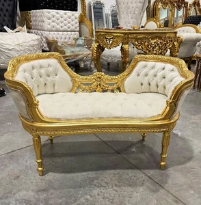 Tufted Bench White Velvet French Style Gold Details Rococo Baroque Furniture - Picture 1 of 8