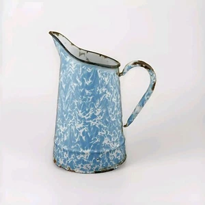 Vintage French Jug Enamelware Swirl Pitcher Enamel Coffee Pot Graniteware - Picture 1 of 10