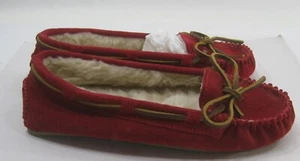 4016 Minnetonka RED suede inside furry slip on bow flat round toe WOMEN Size 6 - Picture 1 of 8