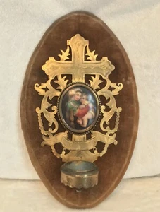 Antique 1800 Brass VIRGIN MARY MADONNA CHILD Holy Water Font Statue Brown Velvet - Picture 1 of 12