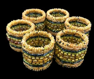 Handcrafted Glass Beaded Napkin Rings Set Of 6 Organic Natural Colors 2x2 Inches - Picture 1 of 5