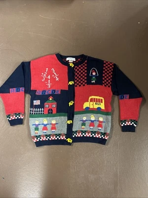Vtg School Teacher Sweater Casual Corner Size Large School Bus Buttons 1990’s - Image 1 of 4