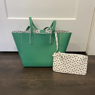 Tommy Bahama Tote Bag Large Faux Leather Reversible Green White Polkadot w/pouch - Image 1 of 4