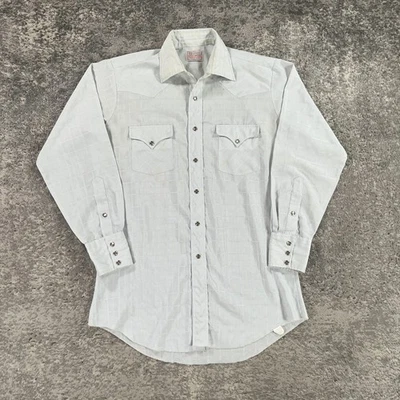 Vintage H Bar C Ranchwear Shirt Mens Large L Light Blue Geometric Pearl Snap 70s - Image 1 of 4