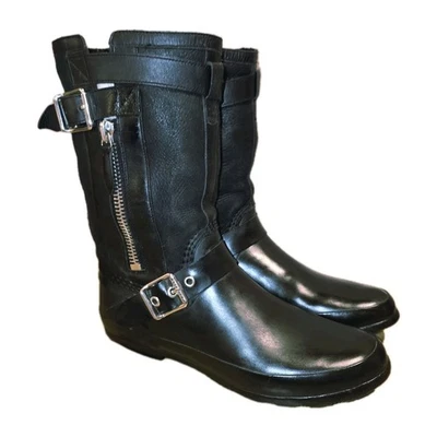 BURBERRY Talla 8 Negro Piel de Oveja Forrado Gamuza Goma Mezcla Lluvia Barro Exterior Logo Botas Foto 1 de 4
