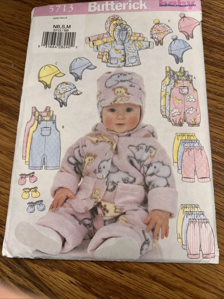 Butterick 5713 Infant Baby Jacket Overalls Pants Hat Mittens Sewing NB, S & M - Image 1 of 3