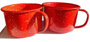 Graniteware Enamelware Red Speckled Vintage Farmhouse Chic Handled Mugs/Cups - Picture 1 of 10