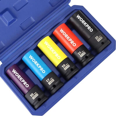 WORKPRO 1/2 Inch Drive Impact Lug Nut Socket Set, 5 Pieces 15 17 19 21 22 MM - Image 1 of 4