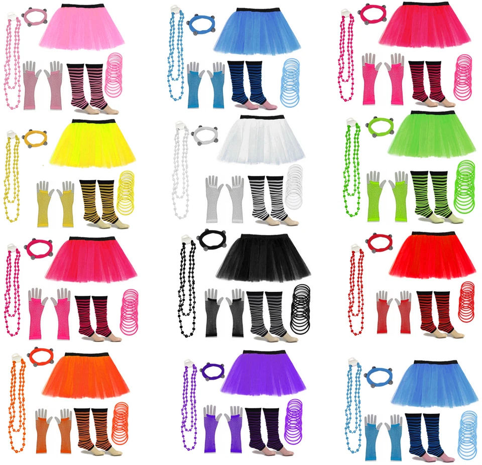 A-EXPRESS NEON 1980ERer SCHICKKLEID HENNE PARTY KOSTÜME TUTU ROCK BEIN WÄRMER HANDSCHUHE GUMMI PERLEN